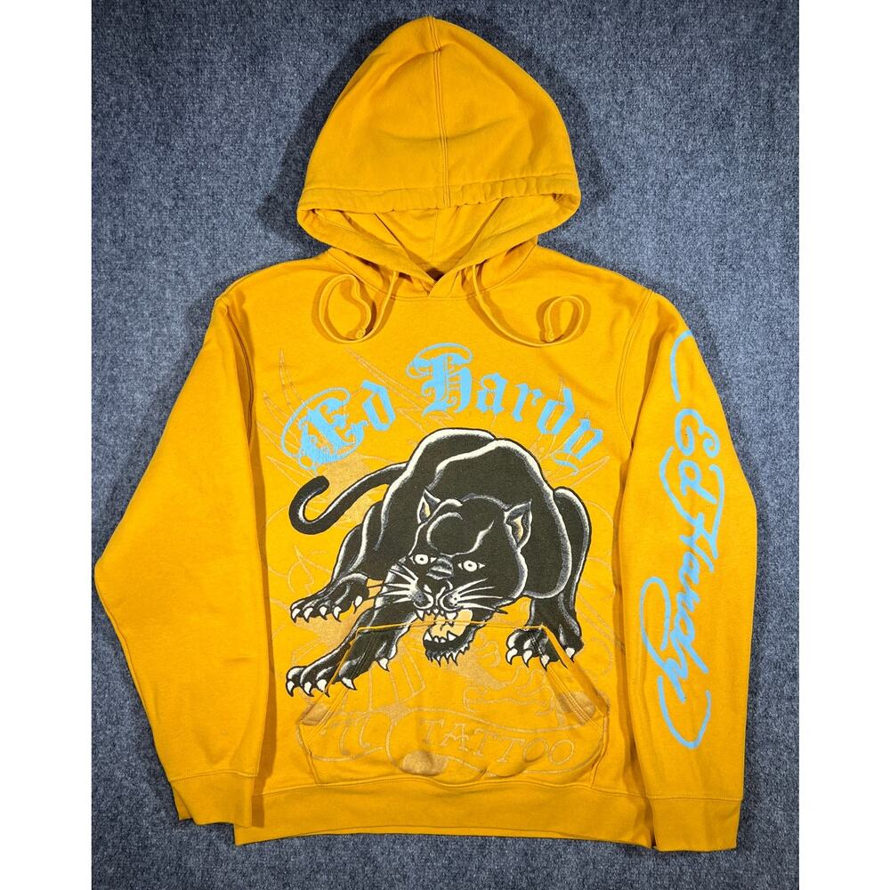 Y2K Ed Hardy Panther Hoodie Medium Yellow Streetwear